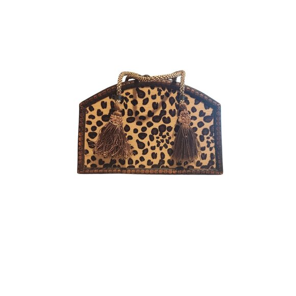 Vintage Wooden Leopard Print Box Purse W/ Braided Handles & Tassels Unique Desig - Picture 10 of 12